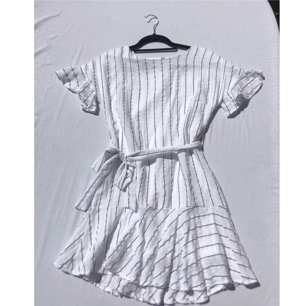 White and grey pinstripe ruffle boutique dress